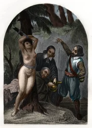 Las dragonnades de las Cevenas bajo Luis XIV (1643-1715), persecución de protestantes. Grabado de 1842 en "Histoire des popes" de Maurice Lachatre. Colección privada.