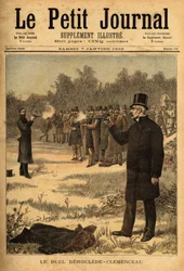 El duelo con pistola (prohibido en Francia desde 1626) entre los diputados Paul Deroulede (1846-1914) y Georges Clemenceau (1841-1929), sin daño. Grabado en “Le petit journal” 7/01/1893. Colección Selva