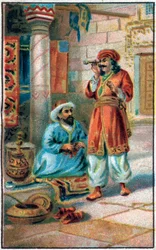 El tubo encantador. Historia del Príncipe Ahmed y el hada Paris-Banou (Pari Banou) (Paribanu). Cuento de 1001 noches (cuentos de las mil y una noches). Cromolitografía de finales del siglo XIX.