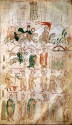 La entrada en Roma de Enrique VI del Sacro Imperio Romano Germánico (1165-1197) y su coronación como emperador el 14/04/1191 por el papa Celestino III. Página tomada del «Liber ad honorem Augusti» de Pietro da Eboli (Pedro de Eboli) - (códice 120, fol.