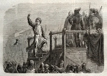 La ejecución de Conradin (o Conrado de Hohenstaufen) Rey de Sicilia y Duque de Suabia (1252-1268) por orden de Carlos de Anjou después de la batalla de Tagliacozzo en 1268