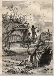 La expedición alrededor del mundo (1790-1792) del Capitán Etienne Marchand (1755-1793): cabañas indígenas de la tierra de Enddacht (Australia) - ilustración tomada de “Los Grandes Marineros del siglo XVIII”