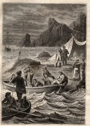 La expedición a las tierras del sur (1800-1803) por Nicolas Baudin (1754-1803): los enfermos de escorbuto fueron transportados a tierra en la Bahía de la Aventura (Tasmania, Australia) - ilustración tomada de "The Great Mariners of the 18th century"