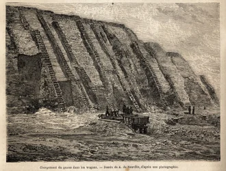 La explotación de guano (excremento de aves marinas, utilizado como fertilizante en la agricultura), los acantilados de las islas Chincha (cerca de la costa peruana) están excavados en escaleras para la recolección intensiva de materia prima, que se carga 