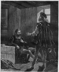 El explorador y navegante Cristóbal Colón (Cristoforo Colombo, Cristobal Colon) (1451-1506) regresando de su tercer viaje encadenado en la bodega