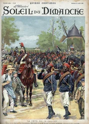 La fiesta del 14 de julio: el comandante Marchand encabeza a los jinetes senegaleses. Grabado en "Le sun-du-dimanche", 23 de julio