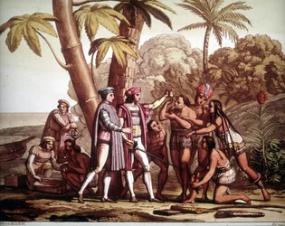 Los primeros indios que aparecieron a Cristóbal Colón a su llegada a América, - en "El traje antiguo y moderno" de Jules Ferrario