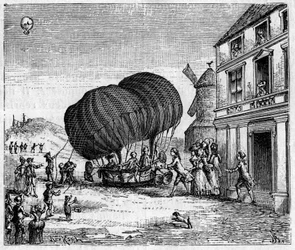 El primer aerostato alargado por los hermanos Robert frente al castillo del Príncipe de Ghistelles el 19 de septiembre