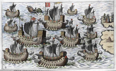La flota de Cristóbal Colón para conquistar el nuevo mundo - en “Nova Tipus Transacto Navigatio Novi Orbi” por Philoponus Honorius