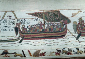 La flota de Harold, que vino a informar al Duque de Normandía Guillermo el Conquistador (1027-1087) que será sucesor al trono de Inglaterra a la muerte de Eduardo el Confesor, es atrapada en la tempestad que la arroja a las costas del Conde Guy de Ponthieu
