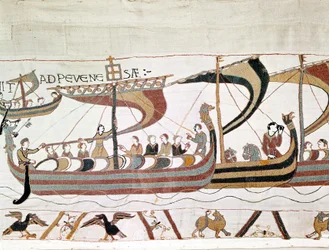 La flota de Guillermo I el Conquistador (1027 - 1087) rumbo a Inglaterra - Tapiz de Bayeux, conocido como Bordado de la Reina Matilde