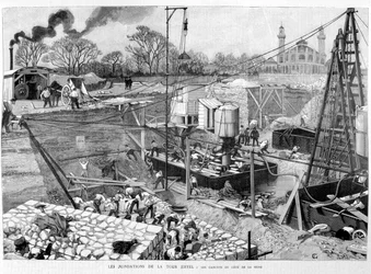 Los cimientos de la Torre Eiffel: los cajones en el lado del Sena - en “Illustration” 14/05/1887.