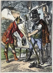 El zorro y el lobo. Ilustración del cuento “Buena Mamá Oveja”. En “Cuentos del hogar para los pequeños”. Grabado anónimo del siglo XIX.