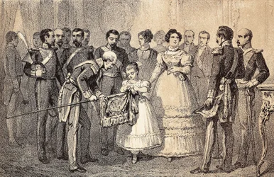 La futura Reina de España Isabel II (1830-1904) decorando la bandera de las Lanzas de la Guardia de la Orden de San Fernando. Litografía.