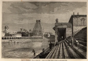 El ghaut o estanque sagrado de la Pagoda de Chillambaran, ubicado en el Golfo de Bengala, cerca de Pondichery (Pondicherry) (India); algunos fieles descienden la escalera monumental para tomar un baño o realizar abluciones de limpieza. Grabado para ilustra