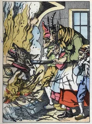 La cabra mata al lobo en la chimenea. Ilustración del cuento “Compere el Lobo, Maitre Renard, Comere la Cabra y sus pequeños cabritos” después de una fábula de Jean de la Fontaine. En “Cuentos del hogar para los pequeños”. Grabado anónimo del siglo XIX.