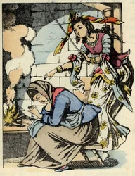 El hada madrina de Cenicienta y Cenicienta. Ilustración del cuento de Charles Perrault “Cenicienta o La pequeña zapatilla de cristal”.