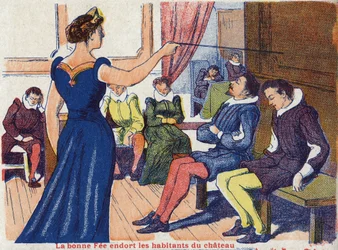 El hada buena duerme a los habitantes del castillo. Ilustración anónima para "La bella durmiente", cuento de Charles Perrault (1628-1703), escritor francés. Imágenes Marcel Vagne, Jarville Nancy, sin fecha (finales del siglo XIX)