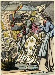 El hada buena transforma la calabaza en carruaje ante los ojos de Cenicienta. Ilustración del cuento de Charles Perrault «Cenicienta o La pequeña zapatilla de cristal»