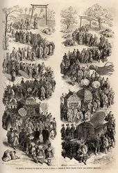 La gran procesión del Mikado (Emperador de Japón), en el dairi, el antiguo castillo imperial de Heian-kyo (actual Kioto) de 794 a 1869. Grabado para ilustrar el viaje a Japón en 1863-1864, por Aime Humbert, ministro de Suiza