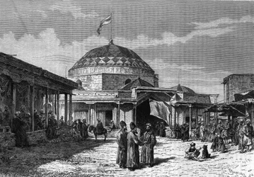 El gran bazar de Samarcanda (Samarqand o Samarkand) en Uzbekistán en el siglo XIX. Grabado en "El diario de la Juventud" de 1888