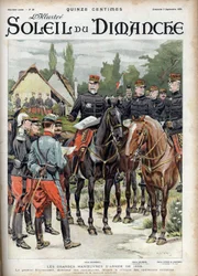 Las grandes maniobras del ejército de 1899. El general Giovaninelli, director de maniobras, criticando las operaciones militares. Grabado en "Le sun-du-dimanche", 3 de septiembre de 1899
