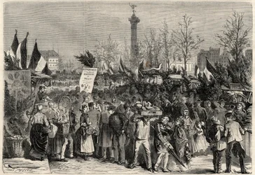La feria del jamón, Boulevard Bourdon en el 4º distrito de París cerca de la Place de la Bastille. Un cartel anuncia carne de mújol (Hippophagia). Grabado en “The Universe illustrious”.