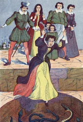 La horrible ogresa es arrojada al tanque. Ilustración anónima para "La bella durmiente", cuento de Charles Perrault (1628-1703), escritor francés. Imágenes Marcel Vagne, Jarville Nancy, sin fecha (finales del siglo XIX)
