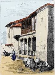 La casa de Sante de Valcuebo en Salamanca donde Cristóbal Colón celebró su primera conferencia. Grabado del siglo XIX