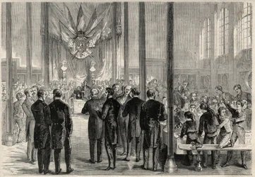 El príncipe imperial Eugenio Luis José (1856-1879) asistiendo al banquete de San Carlomagno en París, en el Liceo Bonaparte (luego Liceo Condorcet). Grabado en "El Universo Ilustre".