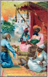 El rey y el indio. Cuento “Historia del caballo encantado” en “Las mil y una noches” (las 1001 noches o Le mille e una notte, Arabian Nights). Cromolitografía de finales del siglo XIX.
