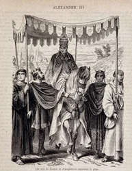 Los reyes de Francia Luis VII el Joven (1120 - 1180) y de Inglaterra escoltan al Papa Alejandro III - en “Historia de los papas”, s.d.