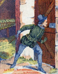 El hijo del rey vio a la princesa. Ilustración para el cuento “Piel de Asno” de Charles Perrault (1628-1703), escritor francés. Imágenes de Marcel Vagne, Jarville Nancy, sin fecha (finales del siglo XIX)