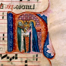 La letra "N" con una representación de la Presentación en el Templo: f.36v del Antifonario