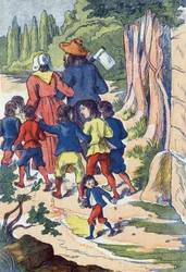 El pequeño pulgar siembra piedras en su camino. Ilustración para El pequeño pulgar, cuento de Charles Perrault (1628-1703), escritor francés. Ilustración anónima. Imágenes Marcel Vagne, Jarville Nancy, sin fecha (finales del siglo XIX)