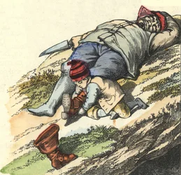 El pequeño Poucet roba las botas de 7 leguas del ogro dormido. Ilustración del cuento "Le Petit Poucet" de Charles Perrault