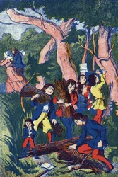 Los leñadores abandonan a sus hijos. Ilustración para "Pulgarcito", cuento de Charles Perrault (1628-1703), escritor francés. Ilustración anónima. Imágenes Marcel Vagne, Jarville Nancy, sin fecha (finales del siglo XIX)