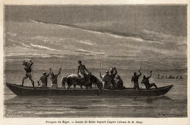 Las largas canoas de los Bambaras en el río Níger, maniobradas con largas pértigas, pueden transportar a varias personas e incluso ganado o caballos. Grabado para ilustrar el viaje al Sudán Occidental del Teniente (Marina) M.Mage, en 1863-1866, publicado e