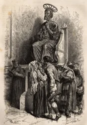 El pie inferior de la estatua de bronce de San Pedro, objeto de veneración para los peregrinos católicos que ingresan a la Basílica de San Pedro en el Vaticano. Grabado para ilustrar la historia de Ludovic Celler: la semana santa en Roma, en 1863, en "Le t