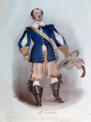 El cantante lírico Antonio Tamburini (1800-1876) en el papel de Riccardo para la ópera I puritani de Vincenzo Bellini (1801-1835), acuarela de 1836