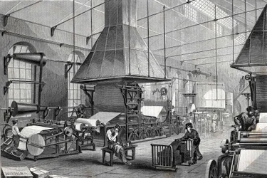 La sala de máquinas de una papelería. Grabado