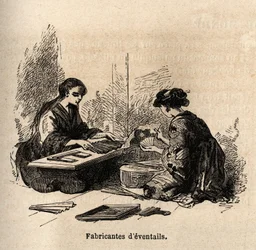 La fabricación de abanicos. Grabado para ilustrar el viaje a Japón en 1863-1864, por Aime Humbert, ministro de la Confederación Suiza, en "Le tour du monde, nouveau journal des voyages", publicado bajo la dirección de Edouard Charton