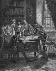 El mariscal de Vieilleville plantando su daga en una patente por la cual el Rey de Francia Enrique II (1519-1559) le otorgó a él y a los cinco señores presentes en la sala el derecho a la confiscación de todos los usureros y luteranos de Guienne, Limousin,