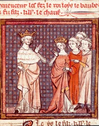 El matrimonio de Luis II el Tartamudo (846-879) rey de los francos y Adelaida de Friuli en 875. Miniatura de 