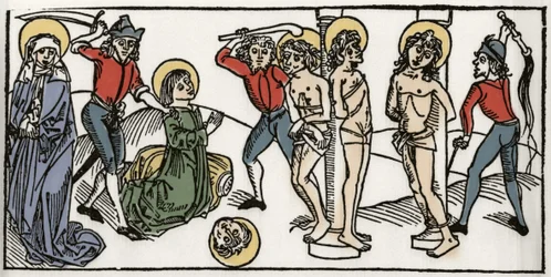 El martirio de Santa Felicitas y sus siete hijos de Roma. Grabado de “Leben der Heiligen - sommerteil” (El libro de los santos) de Jacobus (James) de Voragine (1228-1298). Lübeck 1488