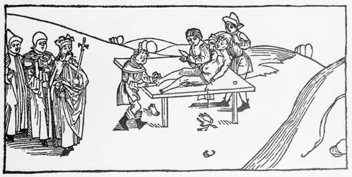 El martirio de Santiago el Mayor infligido por Herodes Agripa, Rey de Judea. Grabado de “Leben der Heiligen - sommerteil” (El libro de los santos) por Jacobus de Voragine (1228-1298). Lübeck 1488