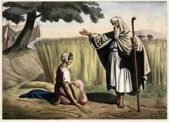 El encuentro de Rut y Booz, abuelos del rey de Israel David (1000-972 a.C.) (grabado anónimo de mediados del siglo XIX)