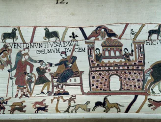 Los mensajeros del Rey de Normandía Guillermo el Conquistador (1027-1087) le informaron que Harold, que vino de Inglaterra en nombre del Rey Eduardo el Confesor de Inglaterra, fue hecho prisionero por el Conde Guy de Ponthieu. Detalle del Tapiz de Bayeux o
