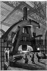 La industria del metal: la forja. El martillo de vapor de Creusot tal como está instalado en las fábricas de Schneider y Compañía. Grabado en "La Nature"