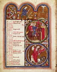 El mes de septiembre, trabajos agrícolas (cosechas, trilla del trigo con una flor), la fiesta de la exaltación de la cruz, San Jorge derrotando al dragón. Página de manuscrito de 